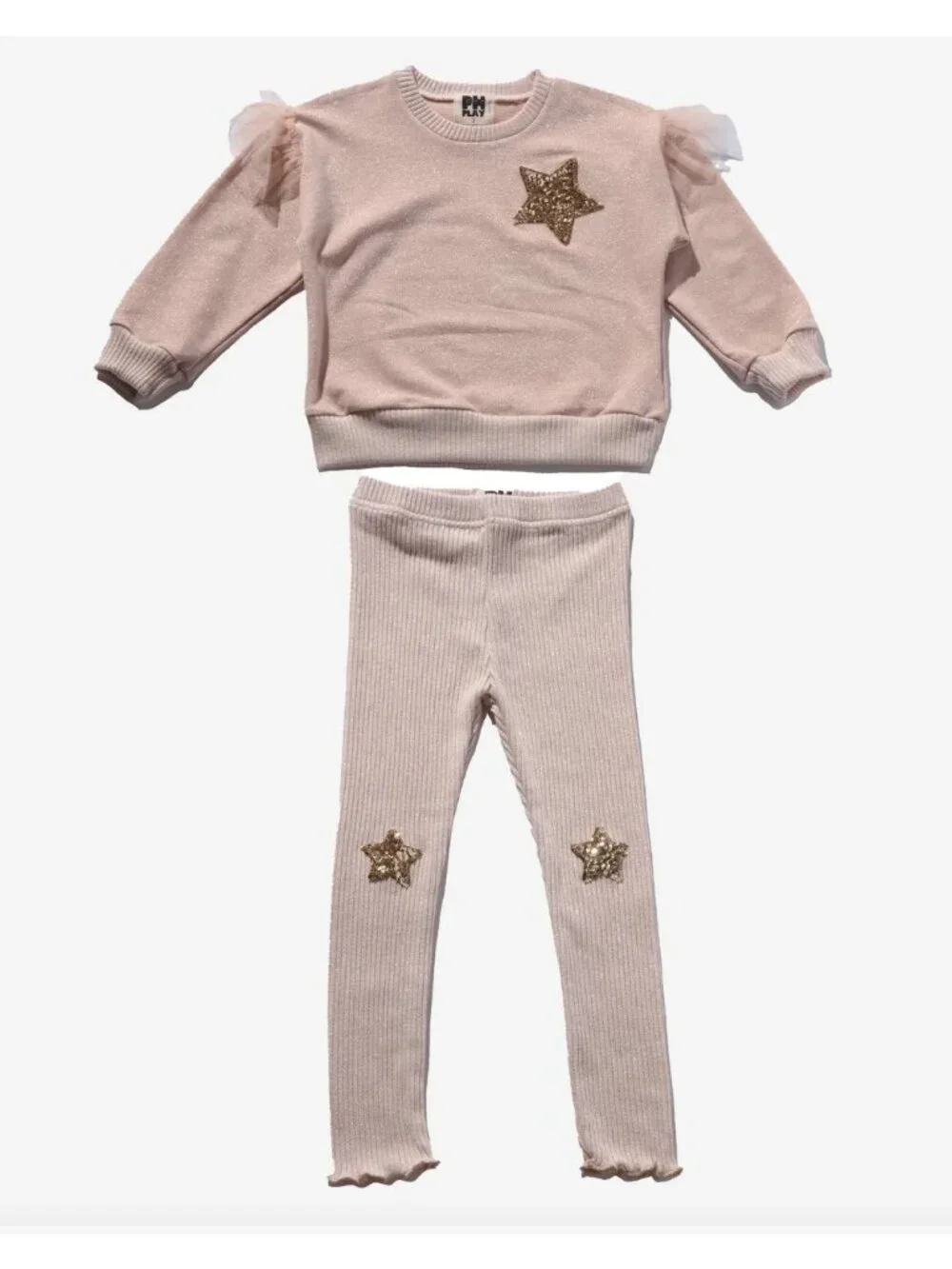 PH Play Star Shirt Pants Set Girls Size 3 Peach Sequin Glittery Long Sleeve